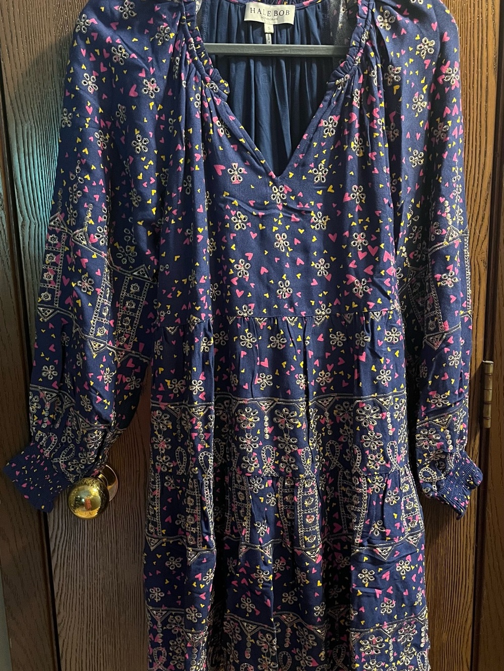 Hale Bob Navy Floral Long Sleeve V-Neck Dress small NWT hearts gold stitching
